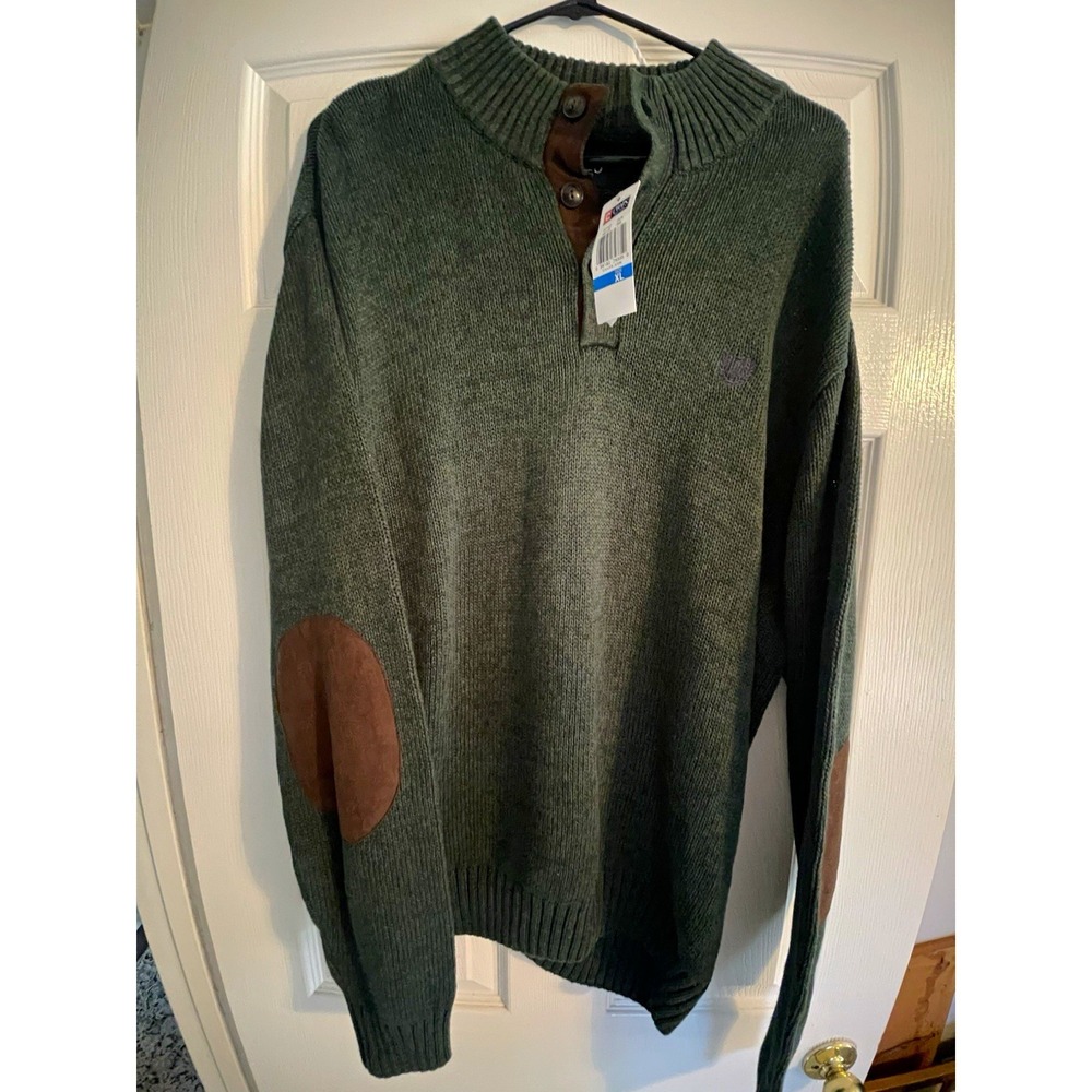 Chaps Mens XL Green Cotton Knit Mock Neck 1/4 Button Sweater Elbow Patch